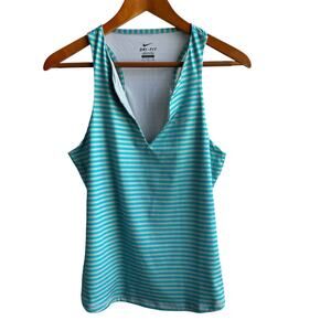 NIKE Dri-Fit Tank Top Womens L Blue Gray Stripe Deep V-neck Tennis Workout